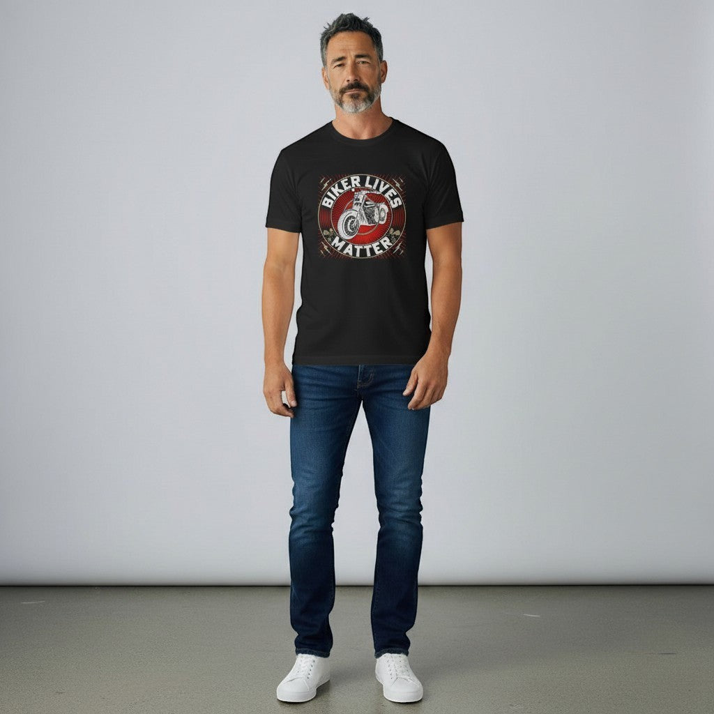 Purple Expressions black 100% cotton t-shirt with 'Biker Lives Matter' graphic featuring a motorcycle and wrenches.