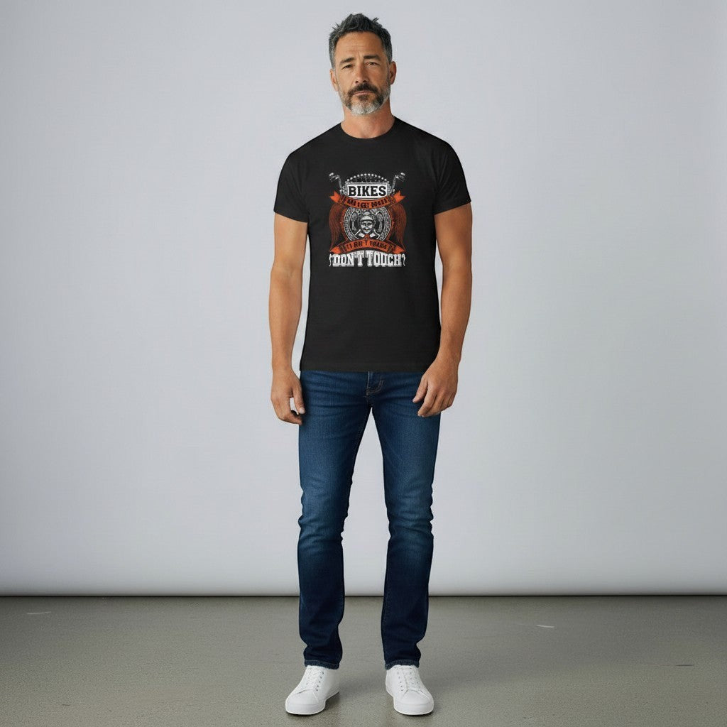 Purple Expressions black 100% cotton biker tee with "Bikes Are Like Wives - It Ain't Yours, Don't Touch" graphic.