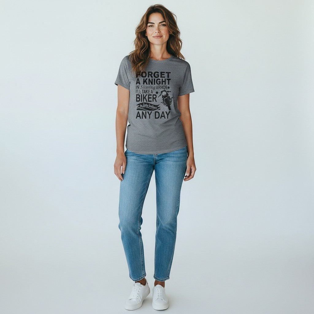 Purple Expressions women's dark gray 100% cotton biker tee with "Forget A Knight In Shining Armor I'll Take A Biker In Dirty Leathers Any Day" graphic.