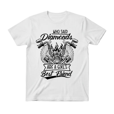 Purple Expressions Who Said Diamonds Are A Girl's Best Friend DTF graphic with motorcycle parts, wings, and flames.
