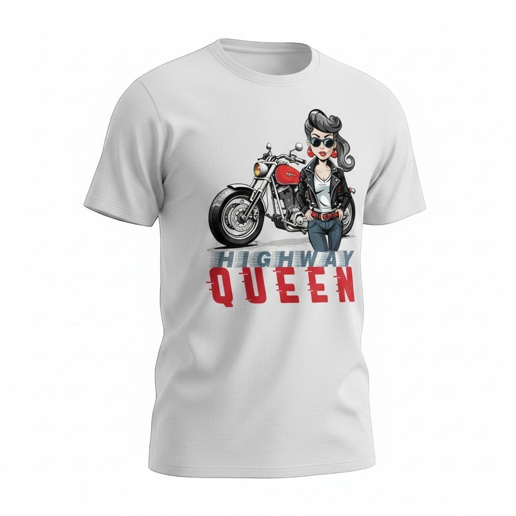 Purple Expressions Highway Queen DTF transfer: a woman in a leather jacket and jeans poses by a motorcycle. Red text reads Highway Queen.