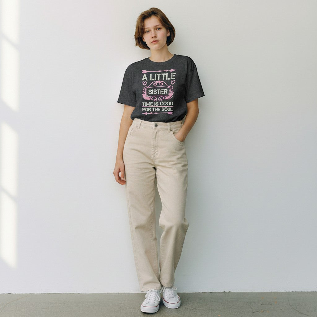 Purple Expressions dark grey cotton graphic tee with "A Little Sister Time Is Good For The Soul" text.