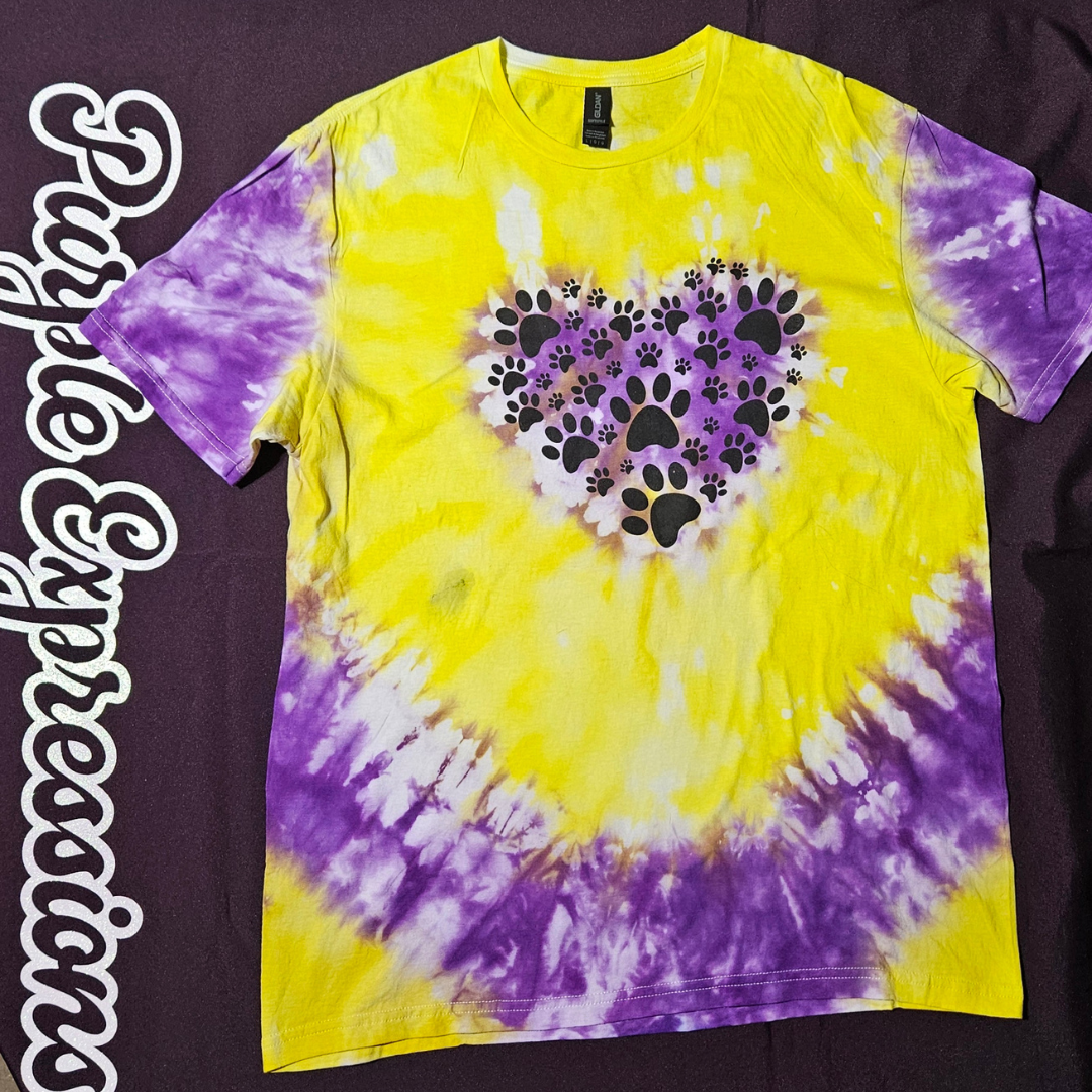 Radiant Purple-Yellow Tie Dye Tee with Paw Print