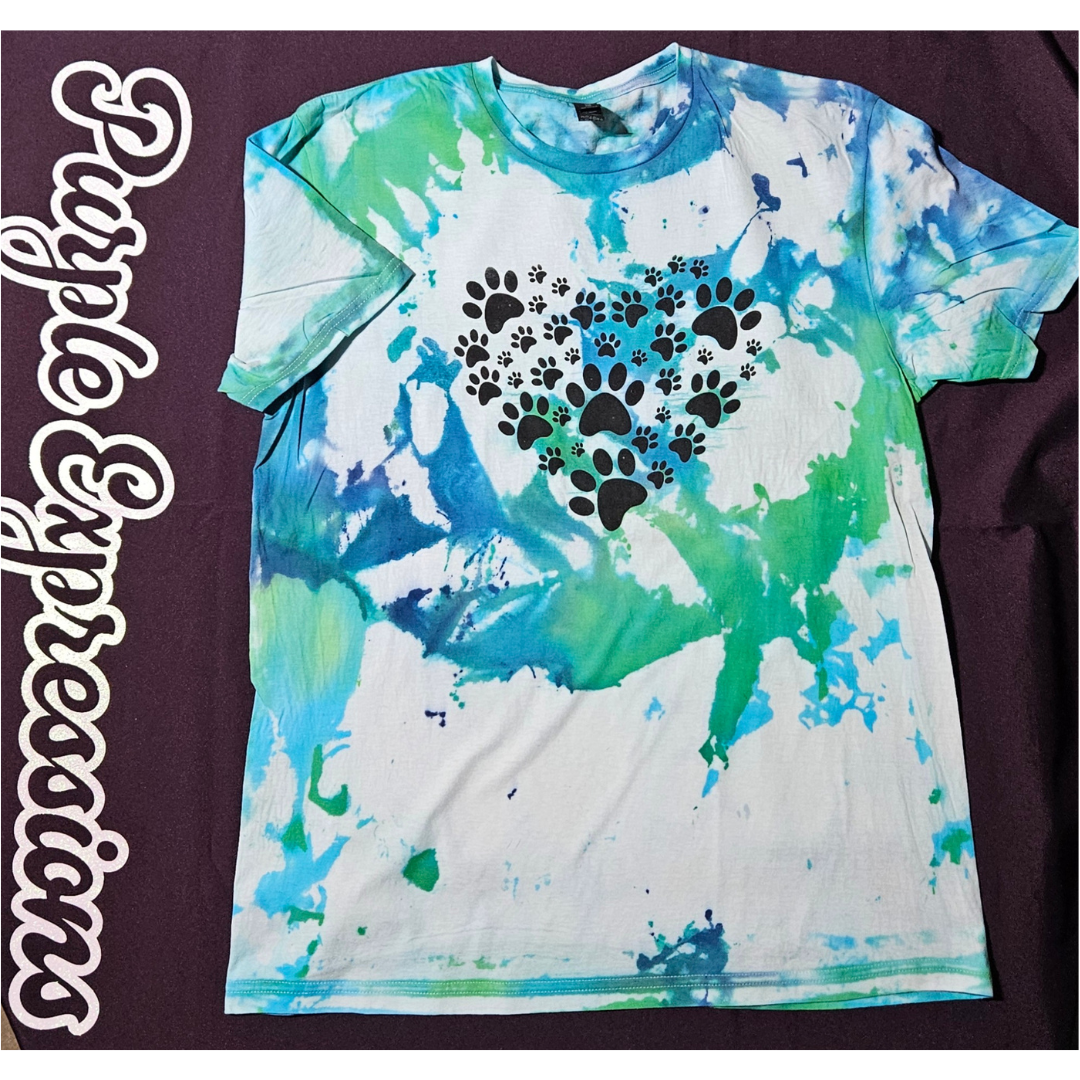 Artistic Blue-Green Splatter Tee with Paw Print