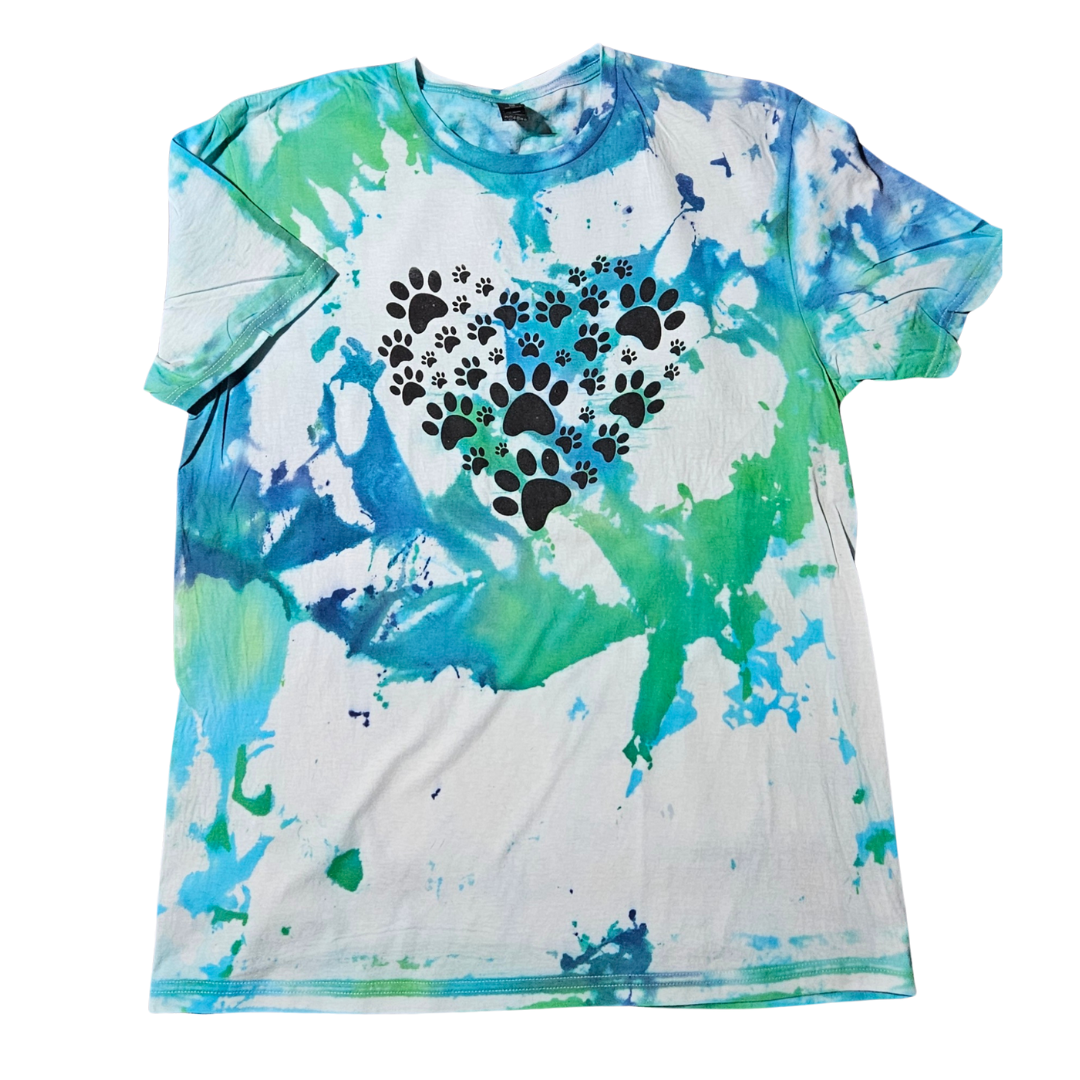 Artistic Blue-Green Splatter Tee with Paw Print