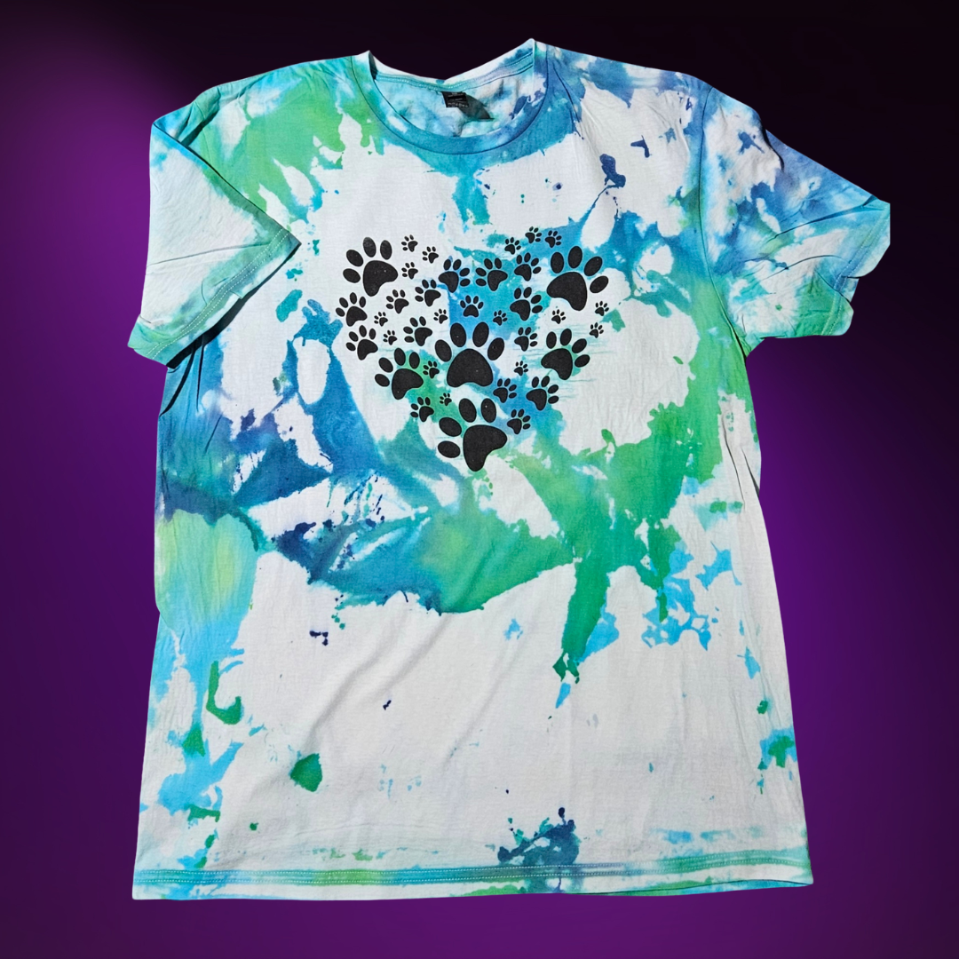 Artistic Blue-Green Splatter Tee with Paw Print