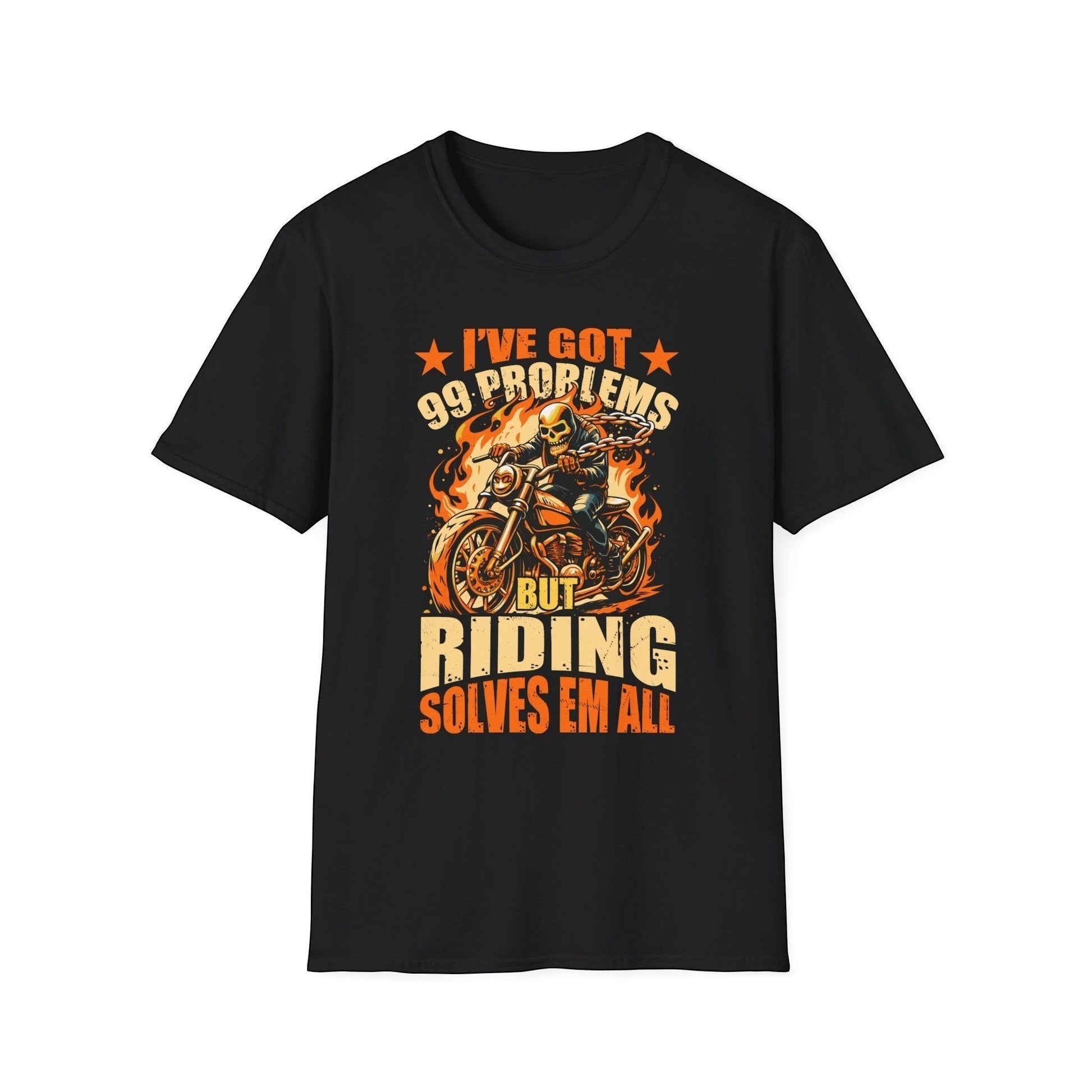 I've got 99 Problems but Riding Solves Em All Black t-shirt with a graphic design and text on a white background