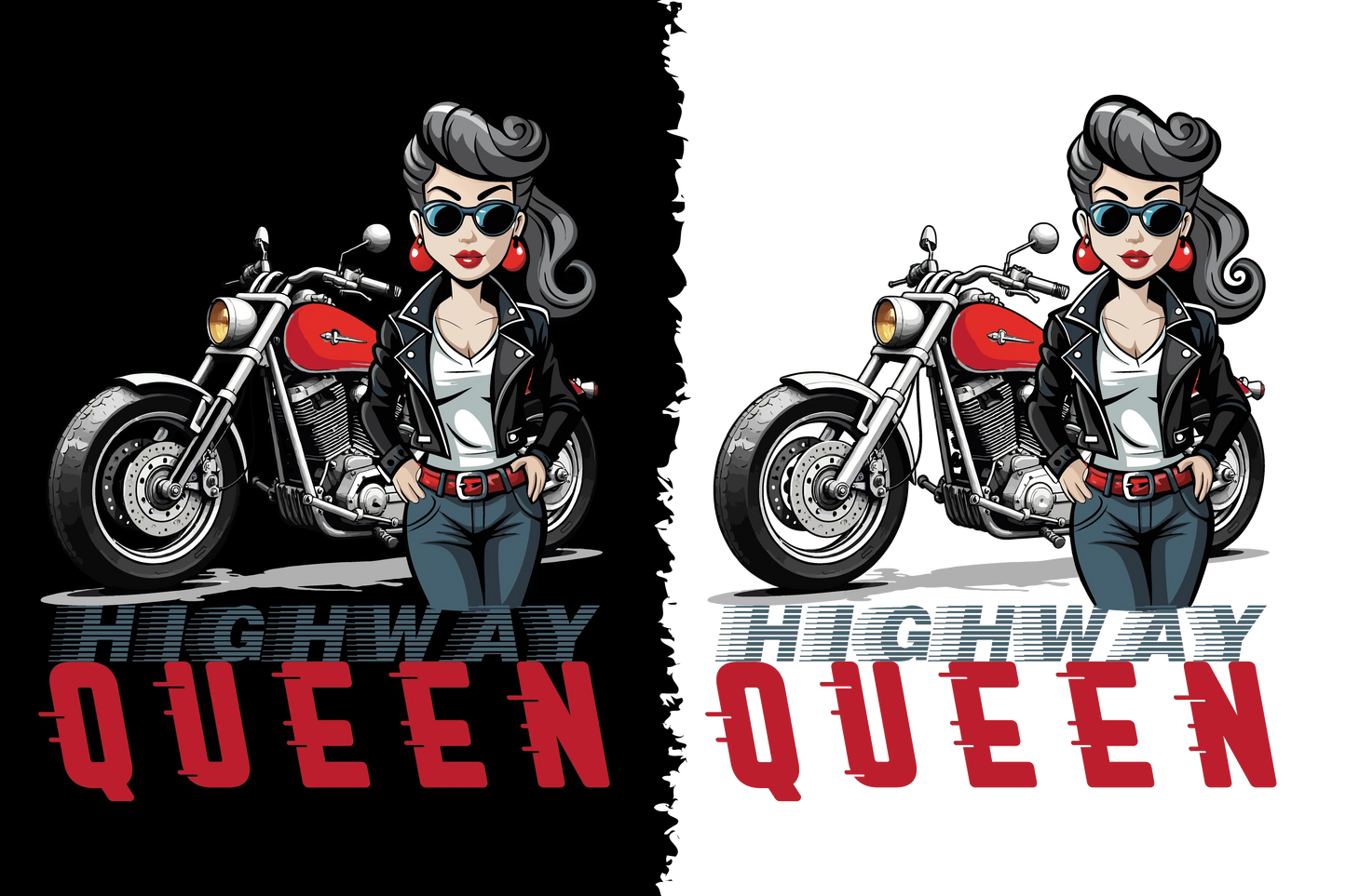 Cartoon character of a woman in a leather jacket with a motorcycle, labeled 'Highway Queen'.