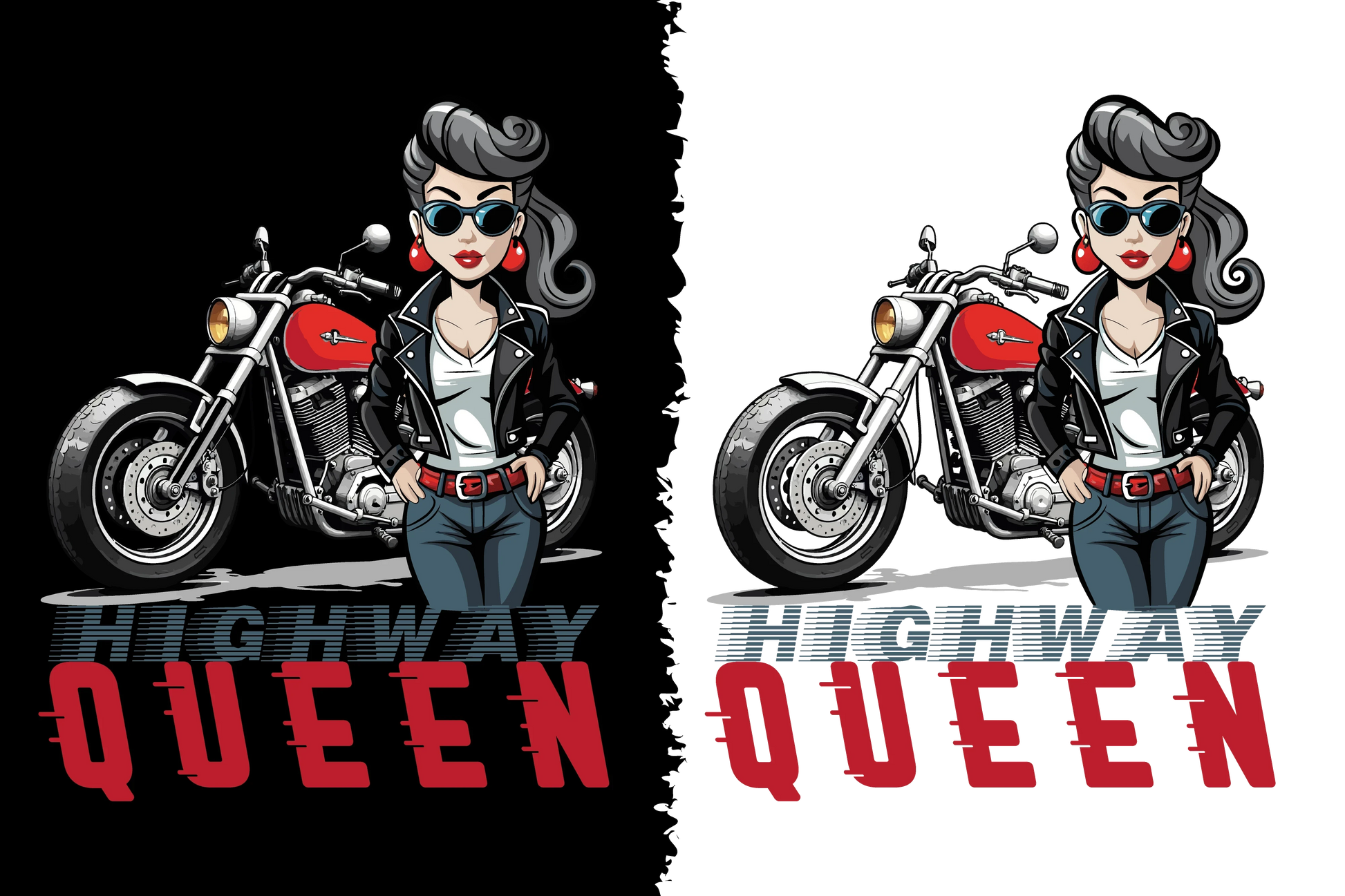 Cartoon character of a woman in a leather jacket with a motorcycle, labeled 'Highway Queen'.
