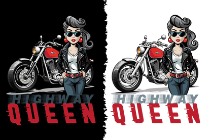 Cartoon character of a woman in a leather jacket with a motorcycle, labeled 'Highway Queen'.