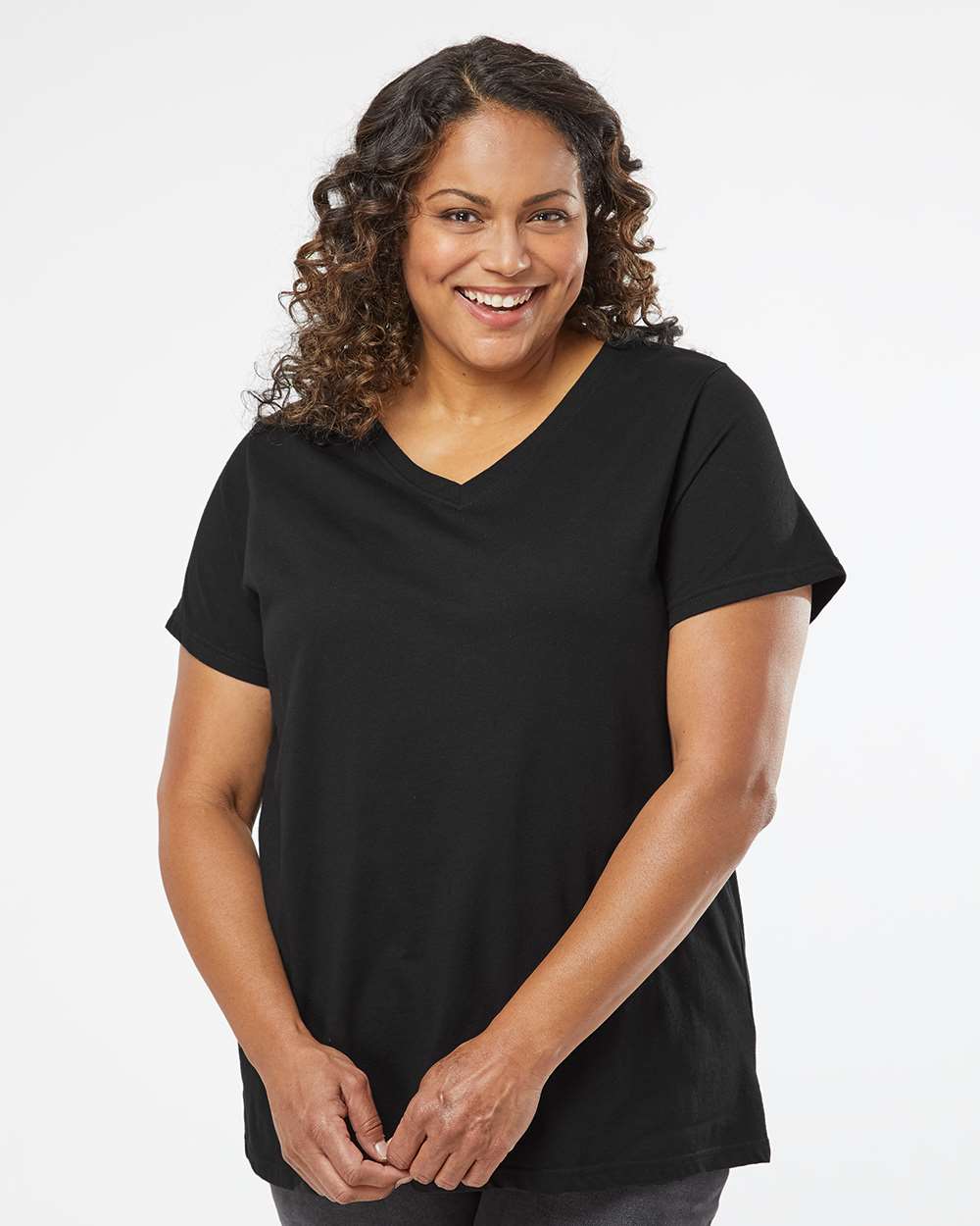 LAT Women's Curvy Collection Fine Jersey V-Neck Tee