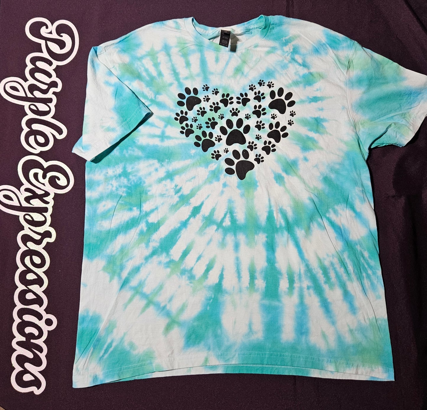 Spiral Blue-Green Tie Dye T-shirt with Paw Print