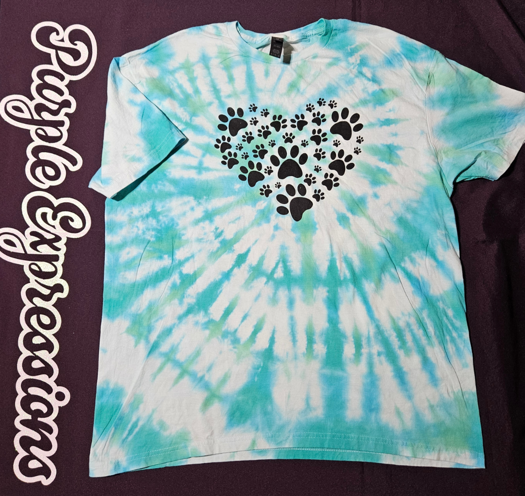 Spiral Blue-Green Tie Dye T-shirt with Paw Print