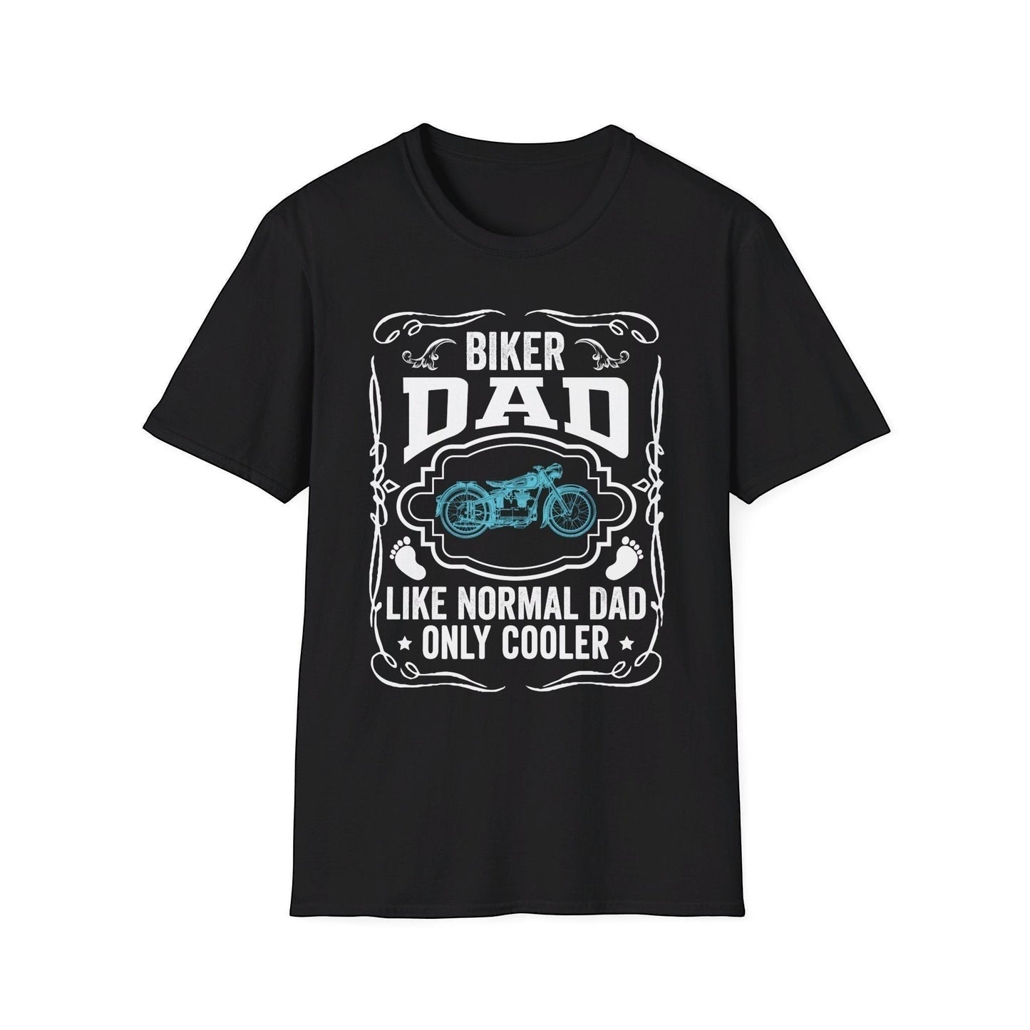 Black T-shirt with a graphic print that says 'BIKER DAD' and includes an image of a motorcycle. The text is stylized and the background is solid.
