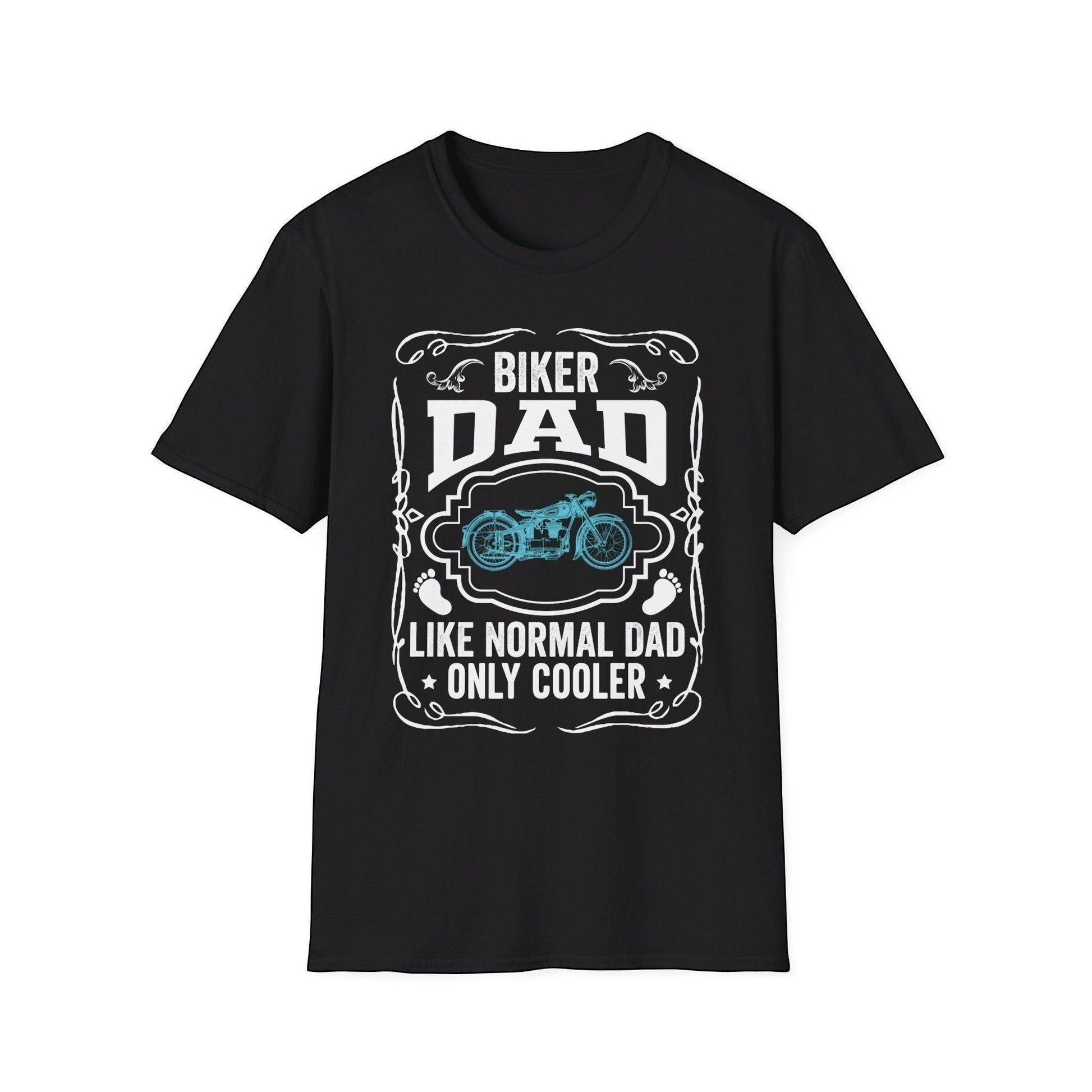 Black T-shirt with a graphic print that says 'BIKER DAD' and includes an image of a motorcycle. The text is stylized and the background is solid.