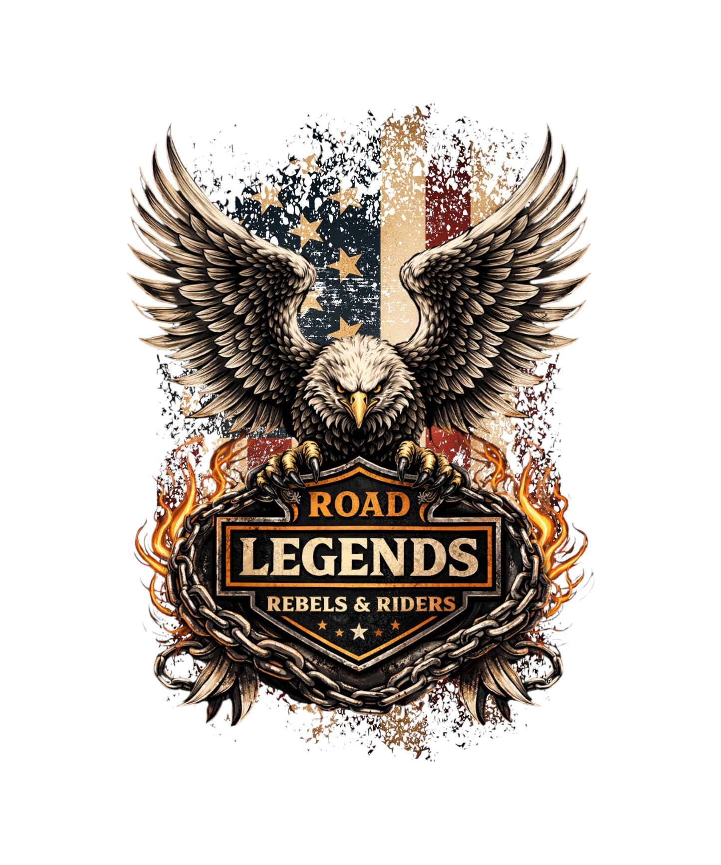 Eagle holding a sign with 'Road Legends Rebels & Riders' text, surrounded by flames and an American flag.