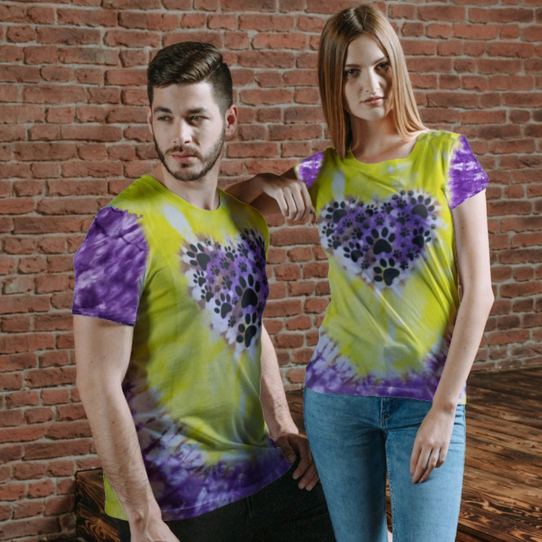 Radiant Purple-Yellow Tie Dye Tee with Paw Print