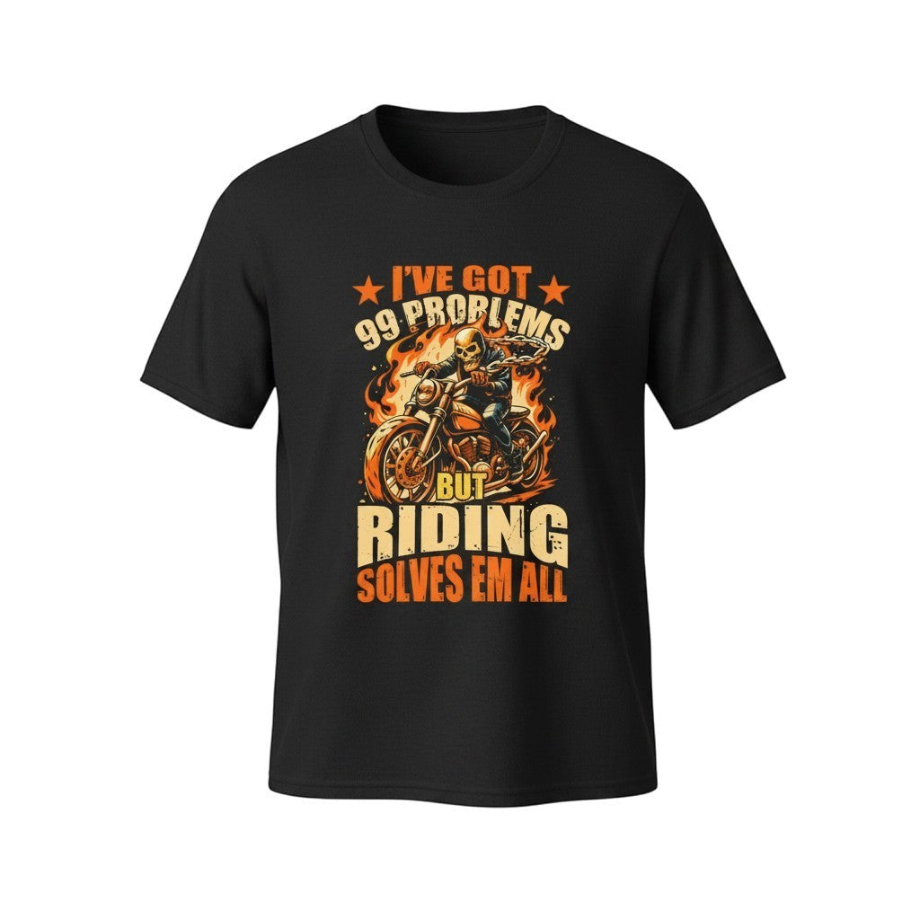 Purple Expressions black cotton t-shirt with a graphic of a skeleton riding a motorcycle with flames and text "I'VE GOT 99 PROBLEMS BUT RIDING SOLVES EM ALL".