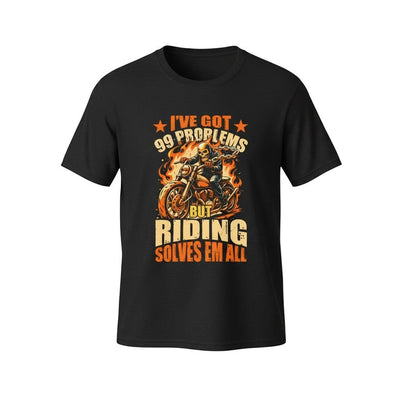 Purple Expressions black cotton t-shirt with a graphic of a skeleton riding a motorcycle with flames and text "I'VE GOT 99 PROBLEMS BUT RIDING SOLVES EM ALL".