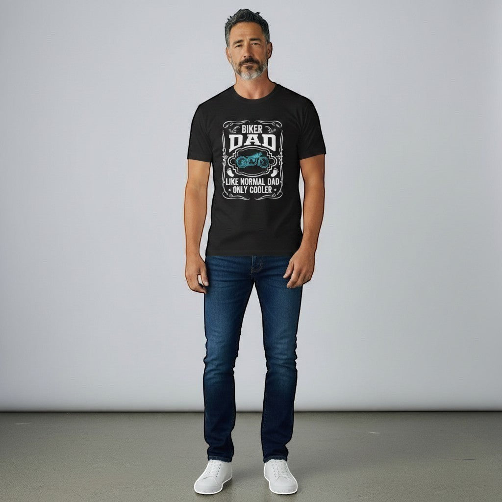 Purple Expressions black 100% cotton biker dad graphic tee with motorcycle design and text.