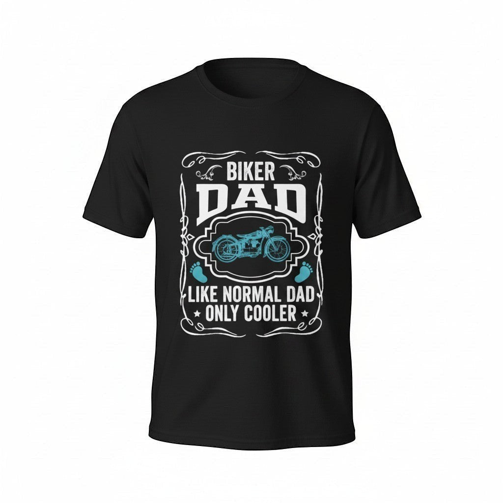 Purple Expressions black 100% cotton unisex relaxed fit t-shirt with "Biker Dad Like Normal Dad Only Cooler" graphic.