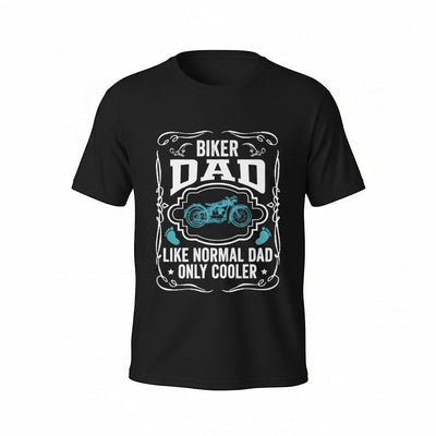 Purple Expressions black 100% cotton unisex relaxed fit t-shirt with "Biker Dad Like Normal Dad Only Cooler" graphic.