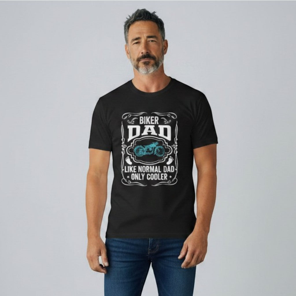 Purple Expressions black 100% cotton t-shirt with "Biker Dad Like Normal Dad Only Cooler" graphic and motorcycle.