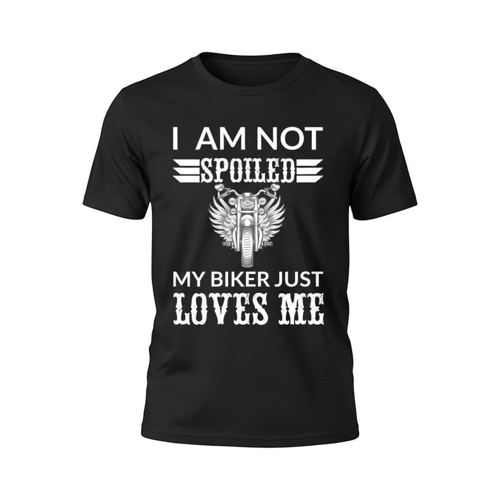 Purple Expressions I'm Not Spoiled My Biker Just Loves Me DTF transfer with motorcycle and wings graphic.