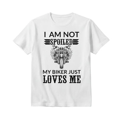 Purple Expressions 'I'm Not Spoiled, My Biker Just Loves Me' DTF transfer with winged motorcycle graphic. White design on black.