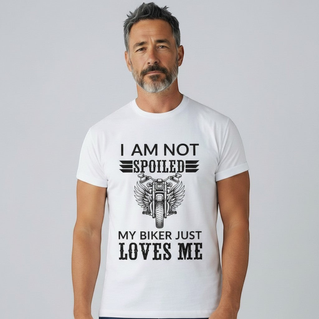 Purple Expressions white t-shirt with black graphic text 'I AM NOT SPOILED MY BIKER JUST LOVES ME' and a motorcycle with wings.