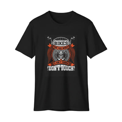 Purple Expressions black 100% cotton biker tee with a graphic that says "Bikes Are Like Wives - It Ain't Yours, Don't Touch" and a skull.