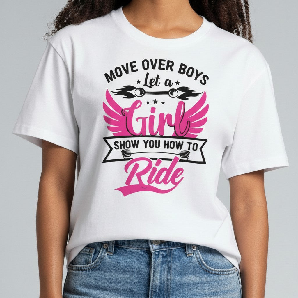 Purple Expressions white t-shirt with pink and black graphic text 'Move Over Boys, Let a Girl Show You How to Ride'.