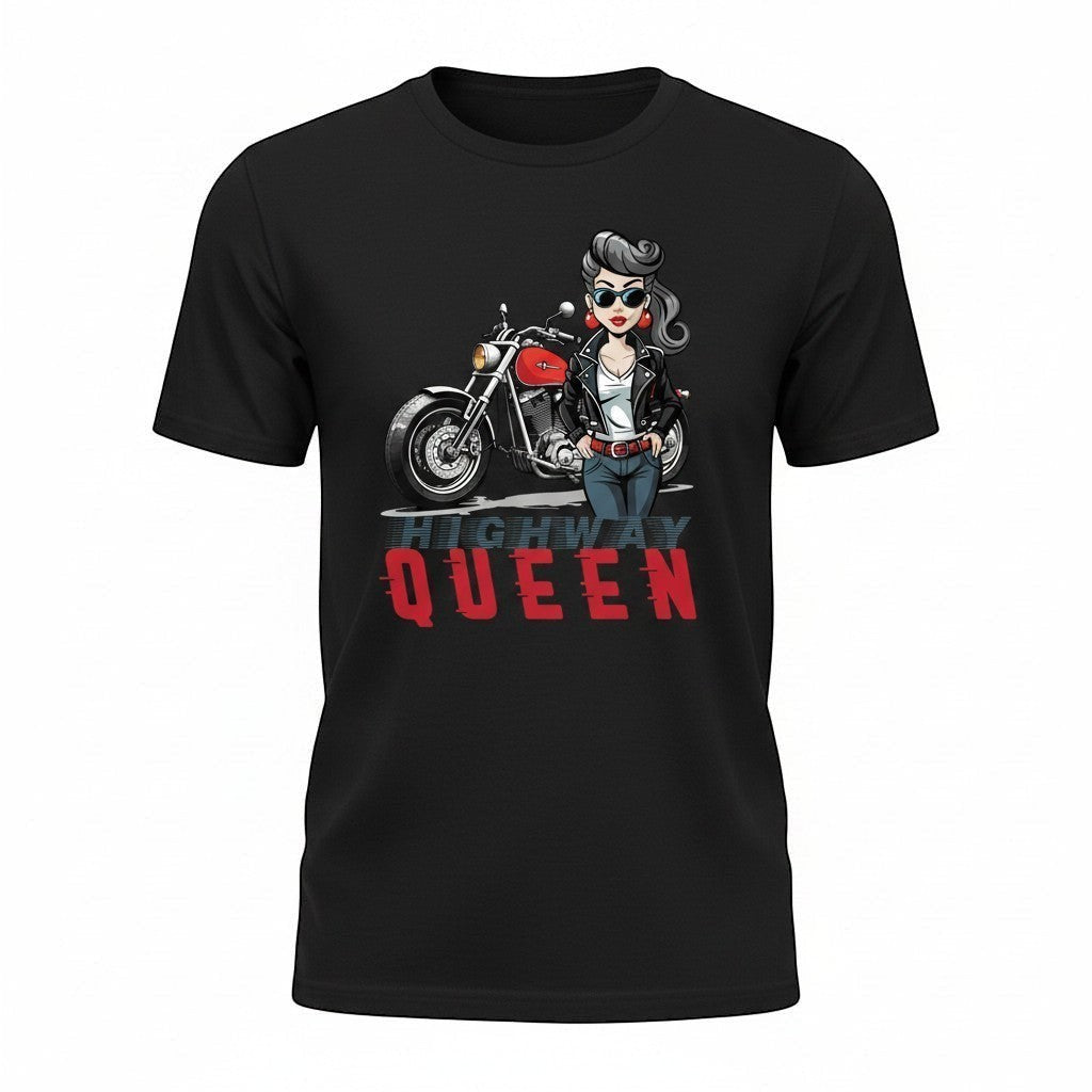 Purple Expressions Highway Queen DTF transfer design featuring a woman in a leather jacket and jeans with a motorcycle.