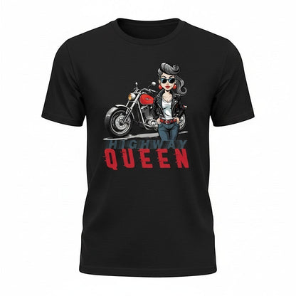 Purple Expressions Highway Queen DTF transfer design featuring a woman in a leather jacket and jeans with a motorcycle.