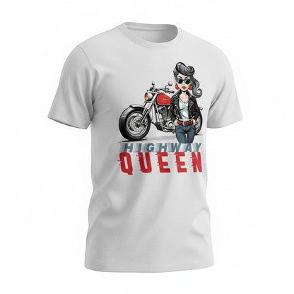 Purple Expressions Highway Queen DTF transfer design featuring a woman in a leather jacket and jeans posing by a motorcycle.
