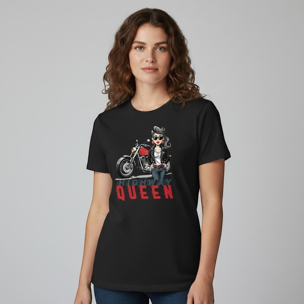 Purple Expressions Highway Queen DTF transfer design featuring a woman in a leather jacket and jeans with a motorcycle.
