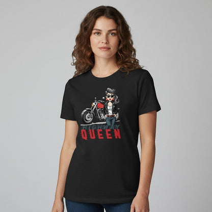 Purple Expressions Highway Queen DTF transfer design featuring a woman in a leather jacket and jeans with a motorcycle.