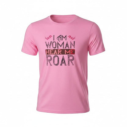 Purple Expressions pink cotton tee with "I AM WOMAN HEAR ME ROAR" graphic print.