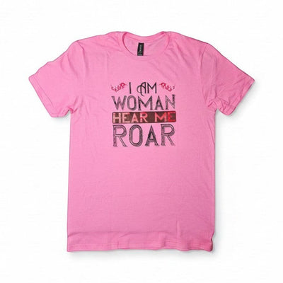 Purple Expressions pink cotton tee with "I AM WOMAN HEAR ME ROAR" graphic print.