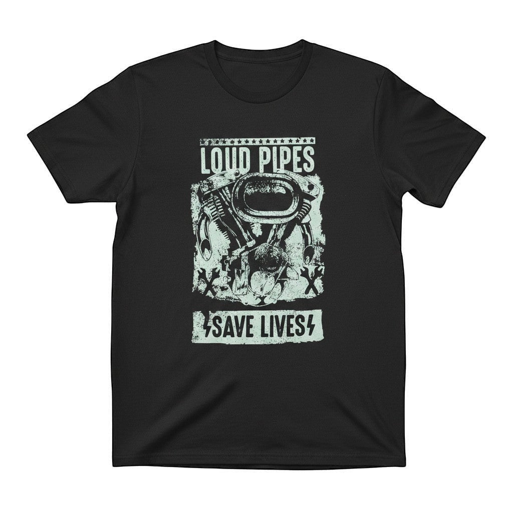 Purple Expressions black 100% cotton unisex tee with vintage graphic of motorcycle engine and text "Loud Pipes Save Lives".