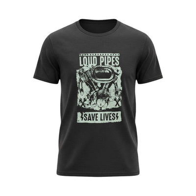 Purple Expressions black 100% cotton t-shirt with "Loud Pipes Save Lives" graphic featuring a motorcycle engine and wrenches.