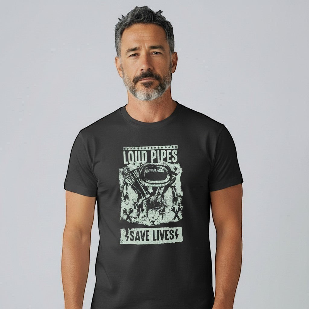 Purple Expressions black 100% cotton t-shirt with "Loud Pipes Save Lives" graphic featuring a motorcycle engine and wrenches.
