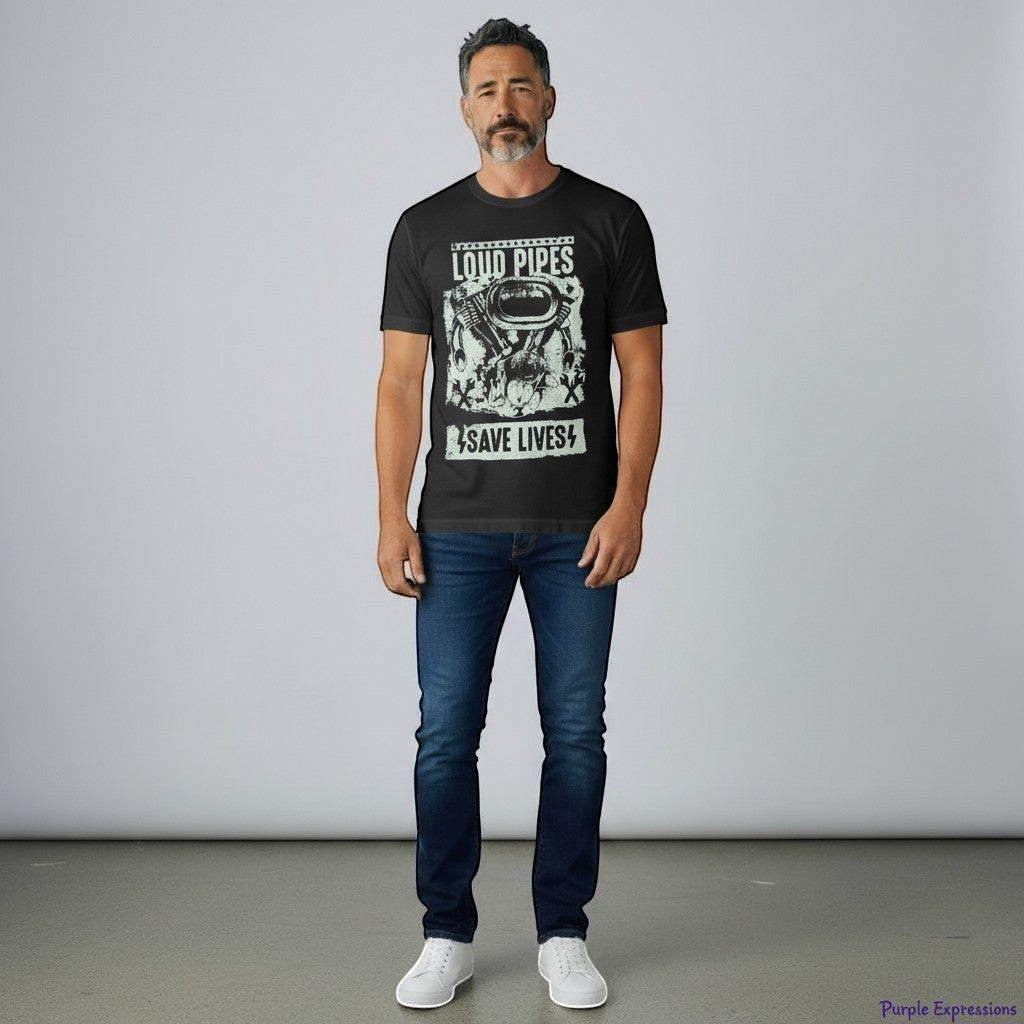 Purple Expressions black 100% cotton t-shirt with "Loud Pipes Save Lives" graphic featuring a motorcycle engine and wrenches.