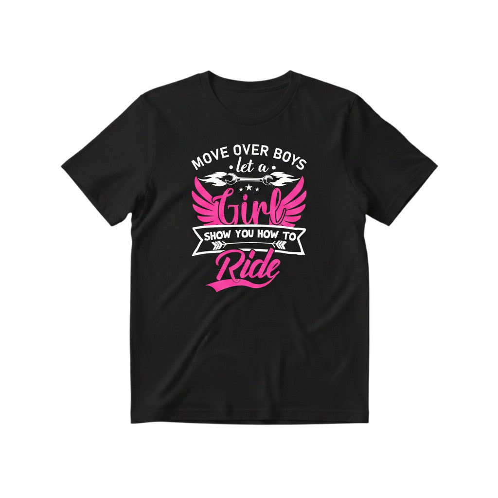Purple Expressions Move Over Boys Let a Girl Show You How to Ride DTF transfer. Pink wings and wrench graphic.