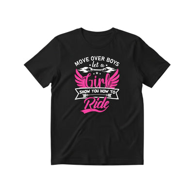 Purple Expressions Move Over Boys Let a Girl Show You How to Ride DTF transfer. Pink wings and wrench graphic.