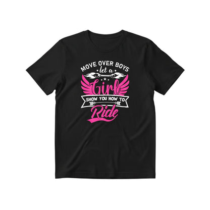 Purple Expressions Move Over Boys Let a Girl Show You How to Ride DTF transfer. Pink wings and wrench graphic.