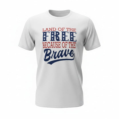 Purple Expressions white graphic tee with red and blue "Land of the FREE, Because of the Brave" text and star accents.
