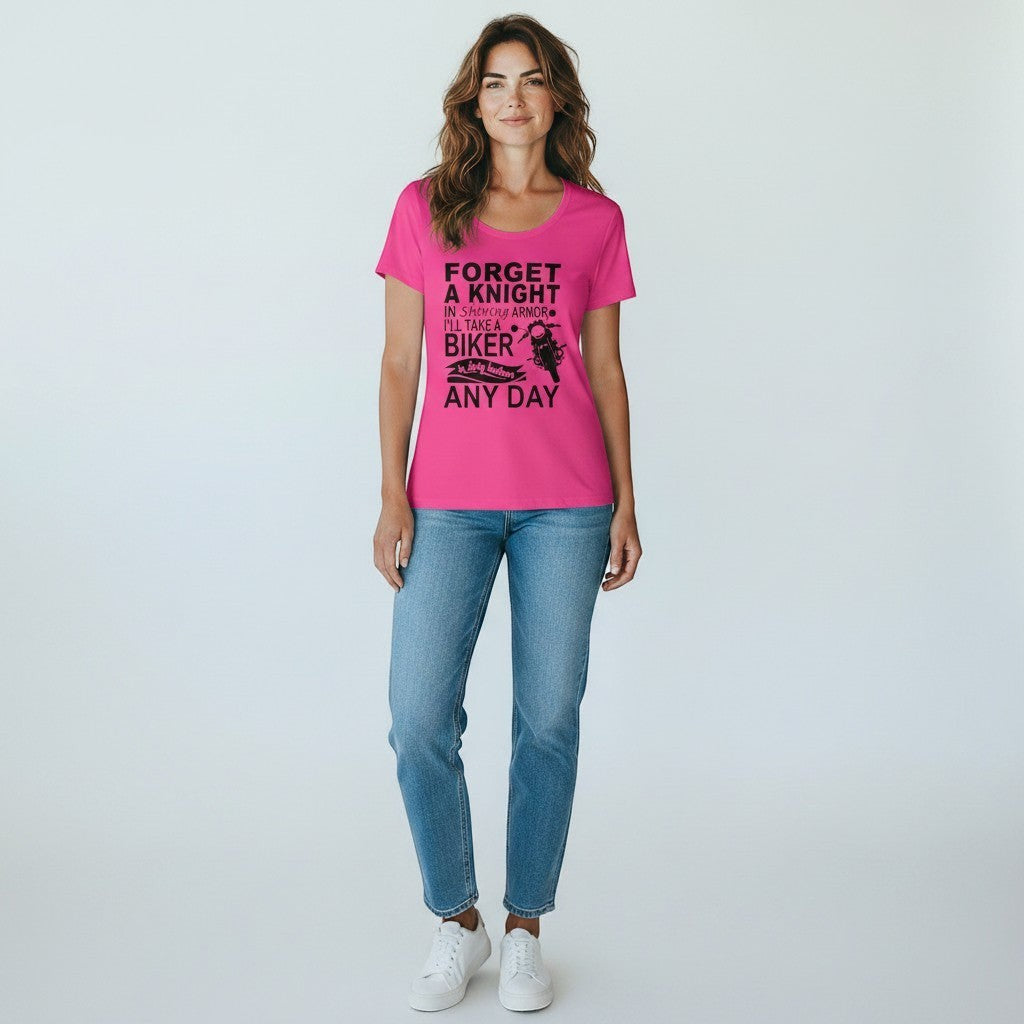 Purple Expressions pink 100% cotton women's biker tee with black graphic text and motorcycle.