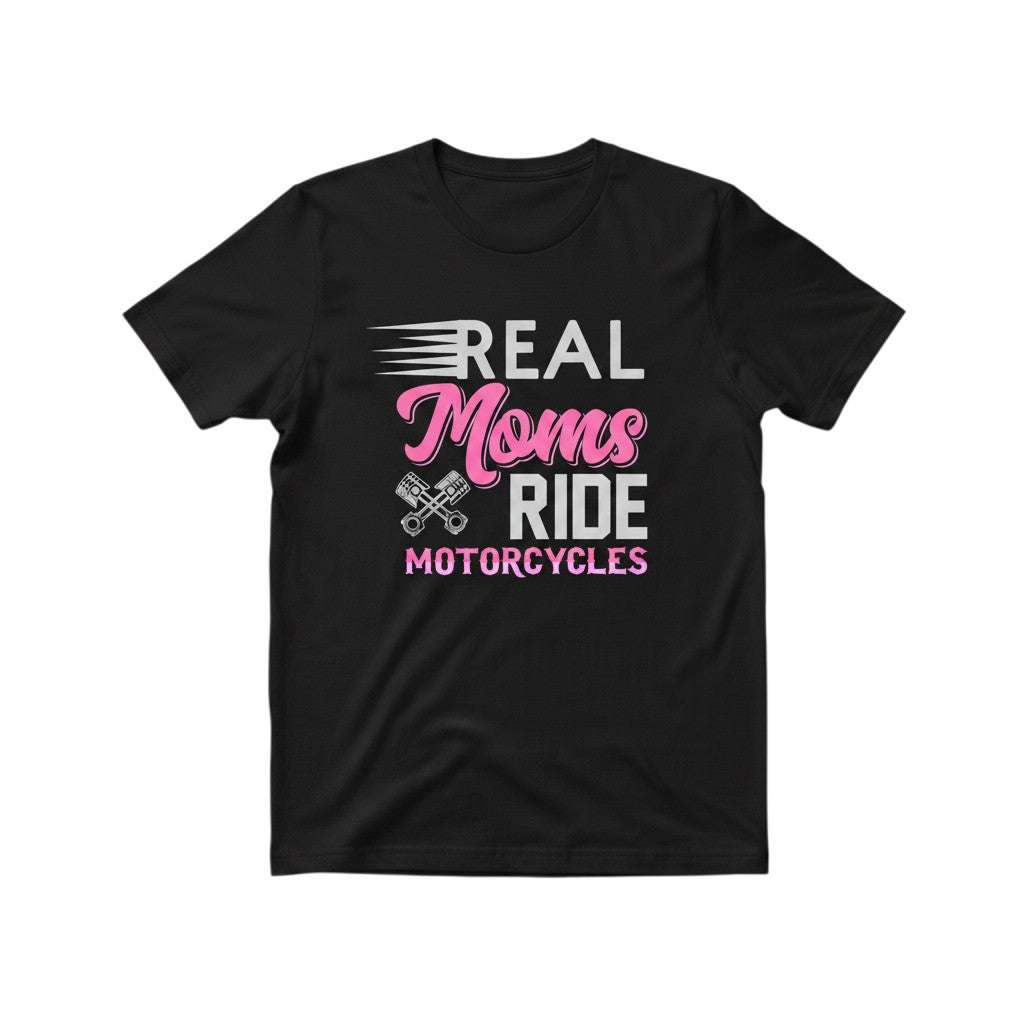 Purple Expressions Real Moms Ride Motorcycles DTF transfer with pistons graphic. Pink and gray text.