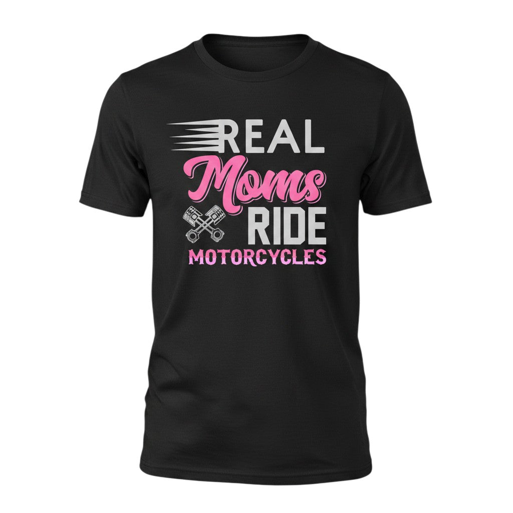 Purple Expressions Real Moms Ride Motorcycles DTF transfer with pistons graphic. Pink and gray text.